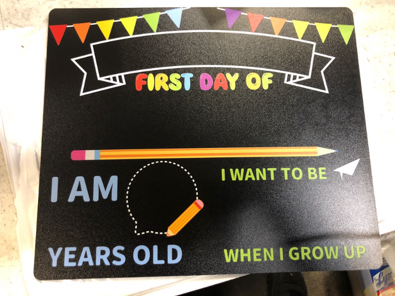 Photo 1 of First Day of School Board - 12’’ x 10’’ First & Last Day School Chalkboard - 1st Day Back to School Board Milestone Sign Photo Prop for Kids Boys Girls - Double-Sided & Reusable (S-Style)
