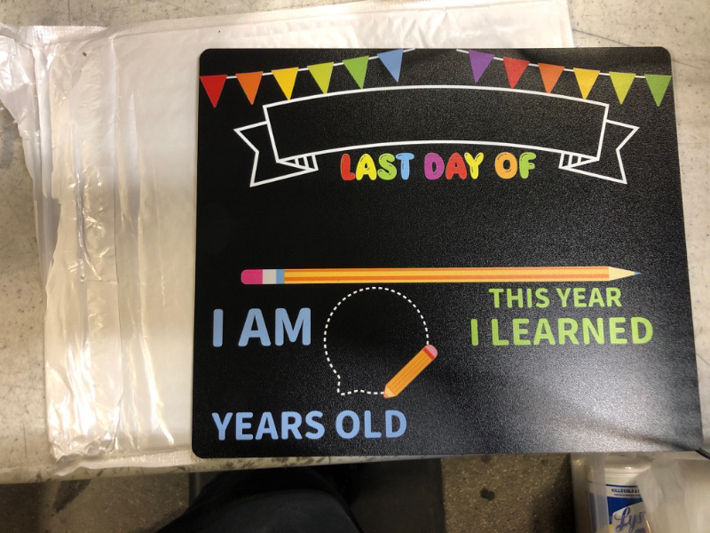 Photo 2 of First Day of School Board - 12’’ x 10’’ First & Last Day School Chalkboard - 1st Day Back to School Board Milestone Sign Photo Prop for Kids Boys Girls - Double-Sided & Reusable (S-Style)
