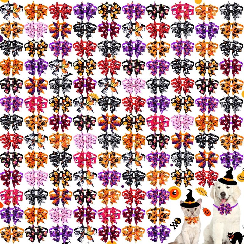Photo 1 of 120 Pcs Halloween Dog Bow Ties Pumpkin Ghost Small Cat Pet Ties Adjustable Dog Bowties Basic Dog Collars Halloween Puppy Dog Ties Collar for Pet Hair Bow Grooming Accessory (Ghost Style)
