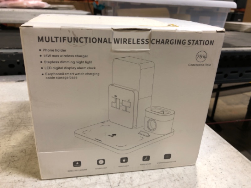 Photo 2 of Wireless Charging Station, 3 in 1 Charging Station, Alarm Clock with Wireless Charger, Night Light, iPhone 12/13/14 Pro/13 Mini/13 Pro Max/12 pro, AirPods (Adapter Included) GRAY
