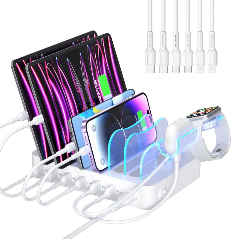 Photo 1 of SooPii Premium 6-Port USB Charging Station Organizer for Multiple Devices, 6 Short Charging Cables and One Upgraded i-Watch Charger Holder Included, for Phones, Tablets, and Other Electronics, White
