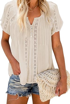 Photo 1 of Dokotoo Women's V Neck Lace Crochet Eyelet Tops Short Sleeve Casual Shirts Blouses LARGE
