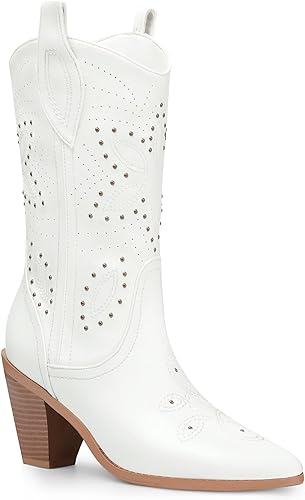 Photo 1 of ANN CREEK Western Short Boots for Women Chunky Pointed Toe Cowboy Boots Mid Calf Block Heel Embroidered Rivet Studded Cowgirl Short Boots Fashion Retro- SIZE 10W 
