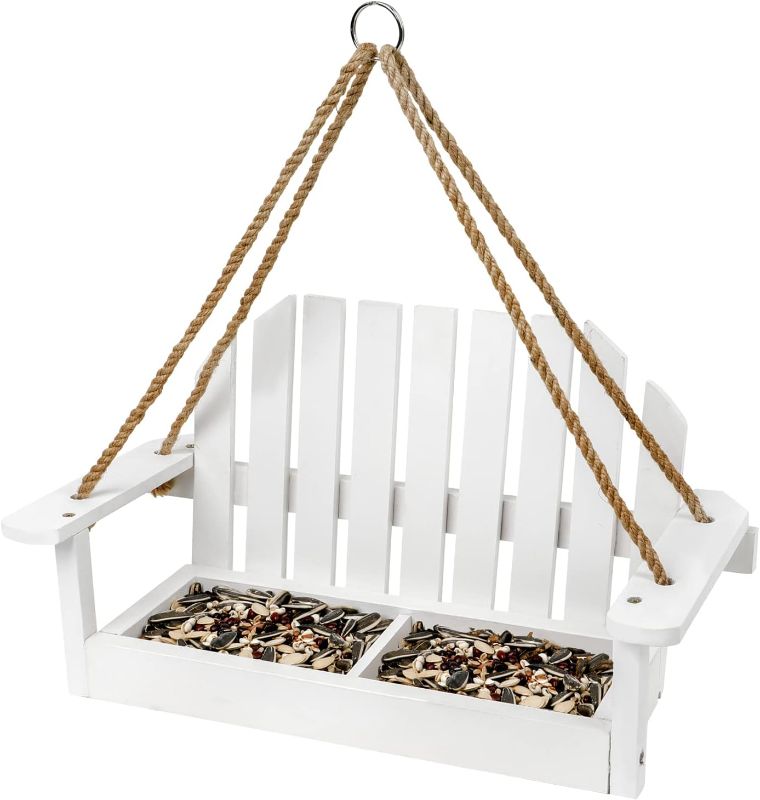 Photo 1 of Worth Garden Wood Bird Feeder for Outside - White Handmade Wooden Porch Swing Wild Bird Feeder with 2 Separate Feeder Spaces - Garden Yard Decoration for Bird Watchers - 15.2''L x 7.7''W x 8.3''H
