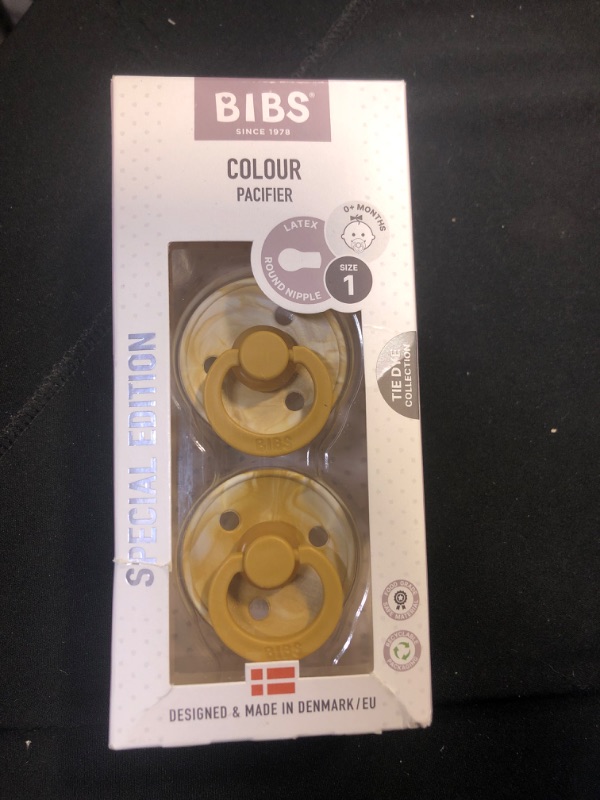 Photo 2 of BIBS Tie-Dye Baby Pacifier | BPA-Free Natural Rubber Baby Pacifier | Made in Denmark | Mustard/Ivory 2-Pack (0-6 Months)
