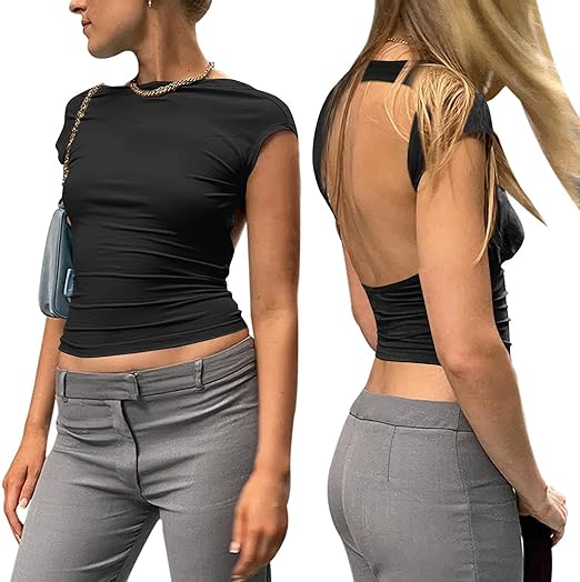 Photo 1 of DIRASS Women Backless Long Sleeve Crop Top Going Out Y2K Shirts Open Back Sexy Cut Out Casual Tops SIZE S
