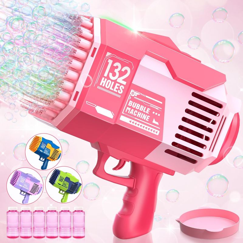 Photo 1 of Bubble Machine Gun, Upgraded 132 Holes Bubble Gun with Lights/Bubble Solution, Bubble Maker for Kids Boys Girls Adults Outdoor Indoor Birthday Wedding Party Gifts,Pink
