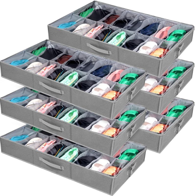 Photo 1 of 6 Pieces Under Bed Shoe Storage Organizer, Fits Total 96 Pairs Foldable Shoe Containers Box with Strong Zipper Clear Cover and Handles Shoe Cabinet for Men Women, 36.5 x 23.5 x 5.24 Inch (Gray)
