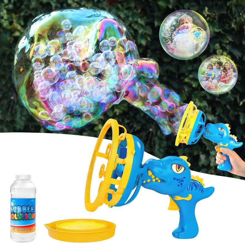 Photo 1 of Bubble Gun Bubble Machine for Toddlers,Dinosaur Bubble Blower Toy for Kids,Bubble in Bubble Gun,Summer Party Favors Outdoor Toys,Birthday Gift for 3 4 5 6 7 8 9 10 Years Old Boys and Girls (CYAN NOT BLUE)
