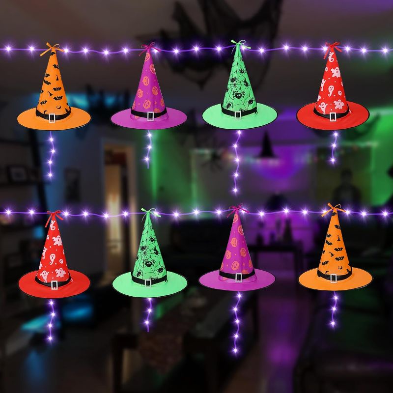 Photo 1 of Anycosy Halloween Decorations, 23FT 120LEDs 8 PCS Lighted Hanging Witch Hats, 8 Modes Light Up Halloween Witch Hats String Lights for Indoor Party (Purple)
