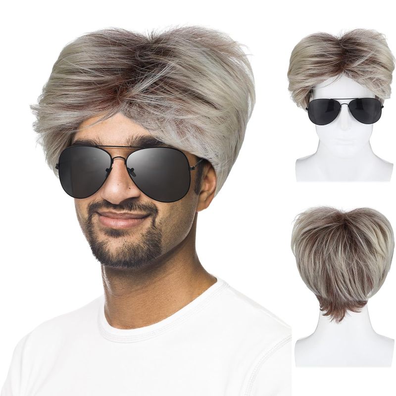 Photo 1 of Jutom 2 Pcs Halloween Men's Hair Wigs Set 80s Short Funny Wigs Replacement Wigs Costume Accessory with Glasses for Cosplay Party(Blonde Short)
