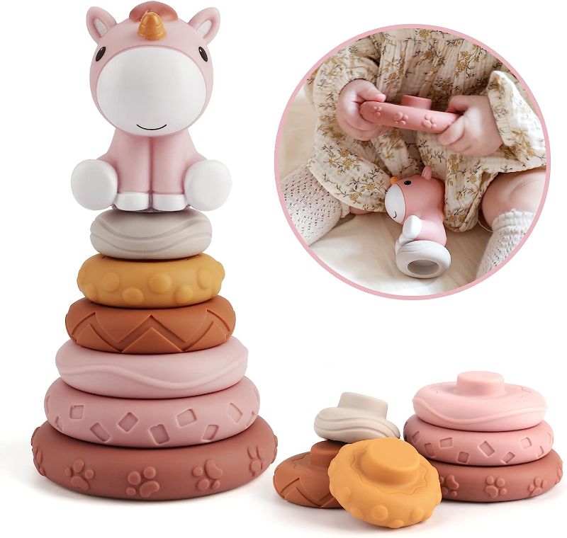 Photo 1 of Nueplay 7 Pcs Stacking & Nesting Baby Toys, Squeeze Teething Baby Toys and Building Circle with Pink Horse Figure, Newborn Essentials for 6 12 18 Months Baby Toddler Girls
