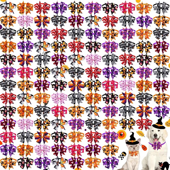 Photo 1 of 120 Pcs Halloween Dog Bow Ties Pumpkin Ghost Small Cat Pet Ties Adjustable Dog Bowties Basic Dog Collars Halloween Puppy Dog Ties Collar for Pet Hair Bow Grooming Accessory (Ghost Style)