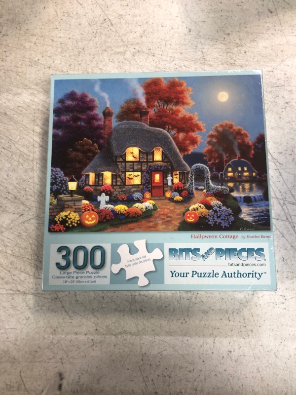 Photo 2 of Bits and Pieces - 300 Piece Jigsaw Puzzle for Adults 18" x 24" - Halloween Cottage - 300 pc Autumn Fall House Bats Pumpkin Garden Moon Night Jigsaw by Artist Heather Burns Cottage 300pc Puzzle