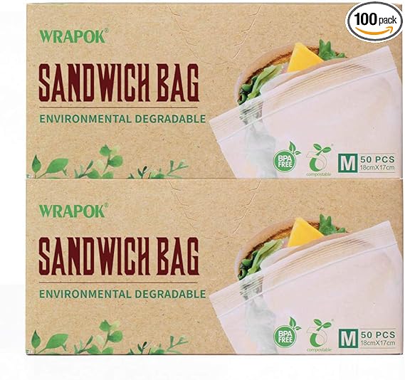 Photo 1 of  WRAPOK 100% Compostable Recycled Sandwich Bags Biodegradable Small Storage Freezer Bag for School or Work, 100 Count