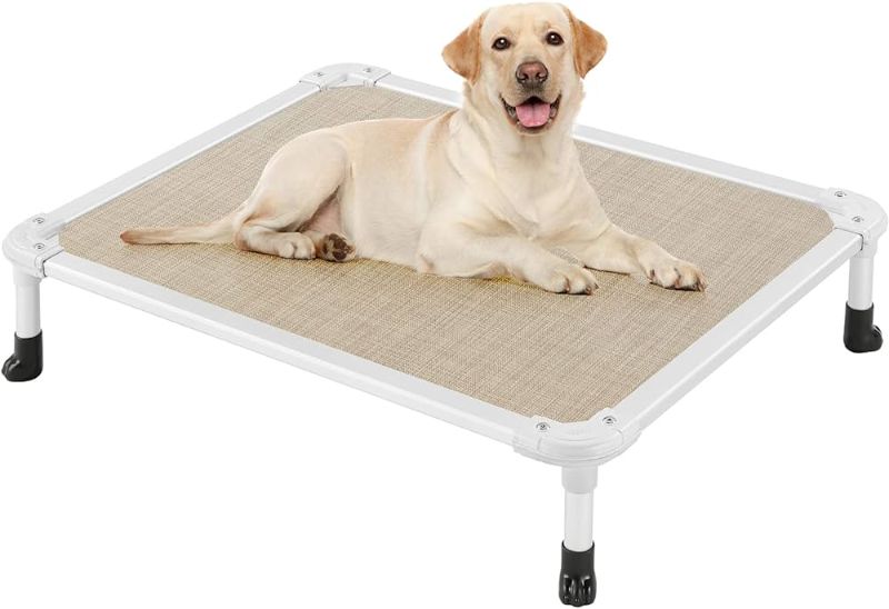 Photo 1 of Veehoo Chew Proof Elevated Dog Bed - Cooling Raised Pet Cot - Silver Aluminum Frame and Durable Textilene Mesh Fabric, Unique Designed No-Slip Feet for Indoor or Outdoor Use, Beige Coffee, Medium
