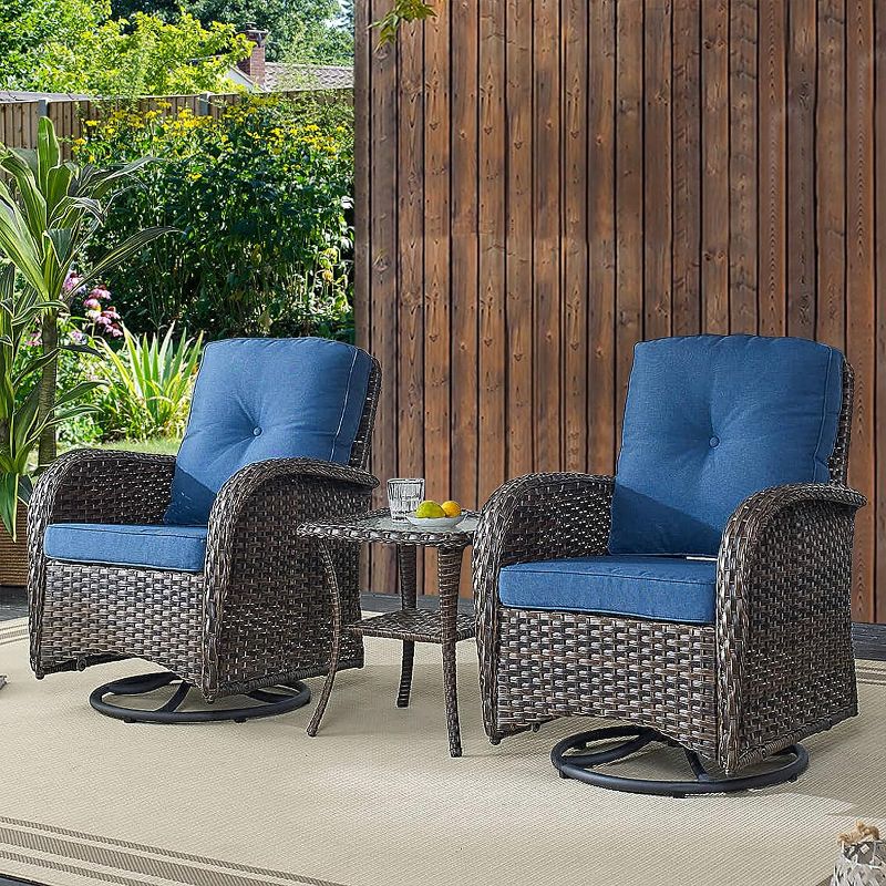 Photo 1 of (NOT FULL SET. BOX 1 OF 3) Belord Patio Wicker Chairs Swivel Rocker - Outdoor Swivel Rocking Chairs Set of 2 with Rattan Side Table, Patio Swivel Glider Chair 3 Piece Patio Furniture Sets for Patio Porch Pool Brown/Blue(1 BOX OUT OF 3)

