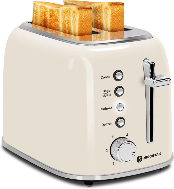 Photo 1 of Aigostar Toaster 2 Slice, Retro Extra-Wide Slot Toasters Best Rated Prime for Toasting Bagels, Breads? Waffles & More, Cancel, Defrost & 6 Browning, Removable Crumb Tray, Stainless Steel, Cream White
