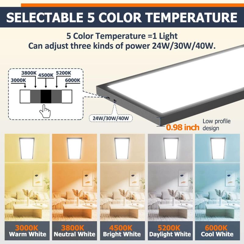 Photo 1 of 1x4 FT LED Flat Panel Light, 24W/30W/40W 4980LM Ultra Slim Edge-Lit Drop Ceiling Lights, Dimmable 5CCT 3000K/3800K/4500K/5200K/6000K Flush Mount Light Fixture for Kitchen, Black 2-Pack
