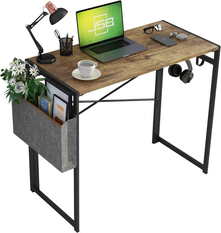 Photo 1 of JSB 31.5" Small Folding Computer Desk with Storage Bag and Hook, Writing Desk Modern Industrial Work Table Laptop Desk for Home Office (Rustic Brown & Black)

