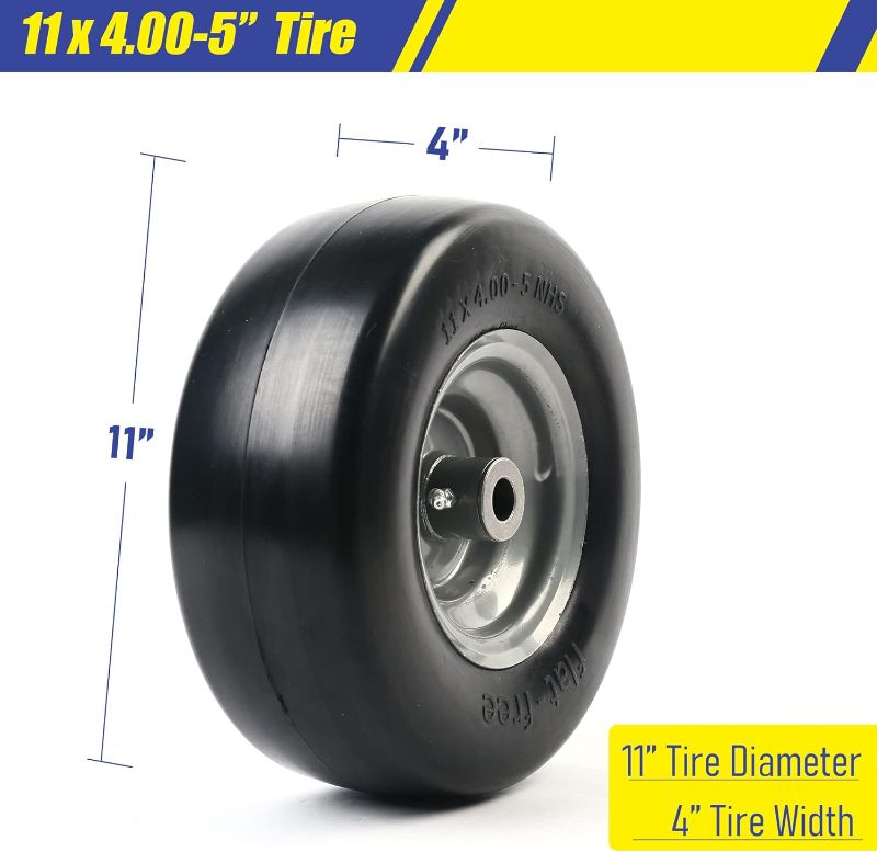 Photo 1 of 11x4.00-5” Flat Free Lawn Mower Tire and Wheel, 3/4" or 5/8" Bushings, 3.4"-4"-4.5"-5" Centered Hub, Smooth Tread Tire for Zero Turn Mowers