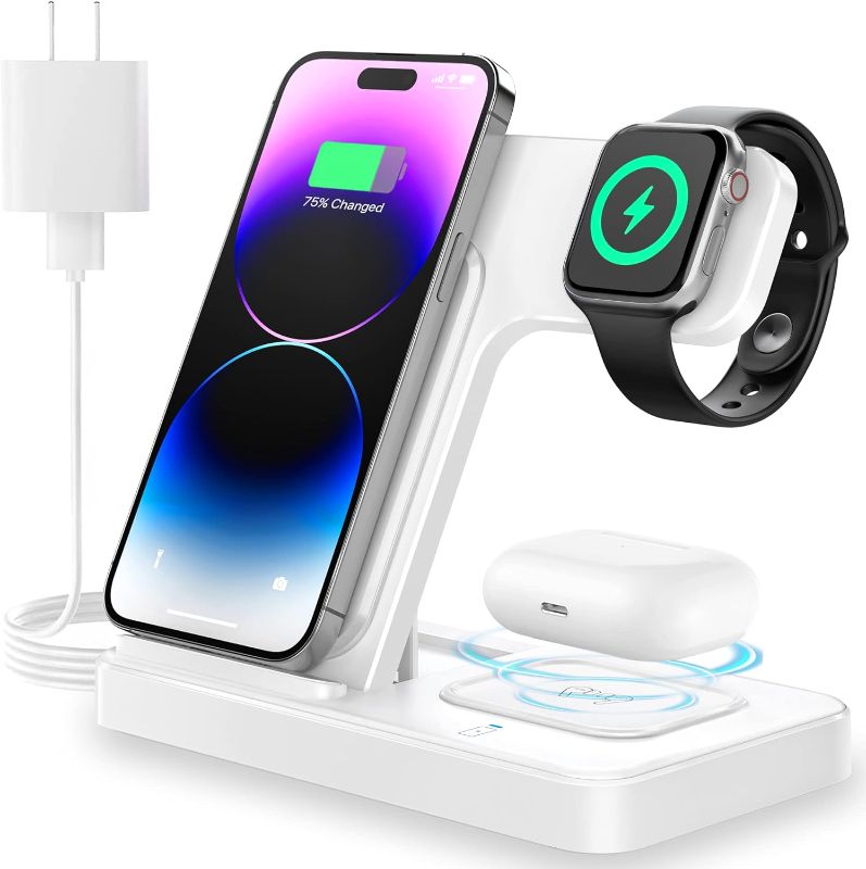 Photo 1 of Charging Station, Wireless Charger Stand 3 in 1, Fast Wireless Charging Station for iPhone 14/13/12/11/Pro/Max/Plus/XS/XR/X/8, Apple Watch 8/7/6/5/4/3/2/SE & AirPods(White)
