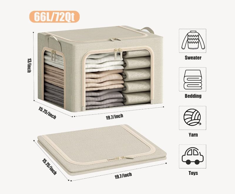 Photo 1 of 3 Opeings Large Clothes Storage Bins with Metal Frame, Foldable Storage Bin for Clothes, Clothing Storage Bins with Lid, Linen Storage Box With Clear Window? Double Zippers? Durable Handles.(3 Pcs,Beige,66L)
