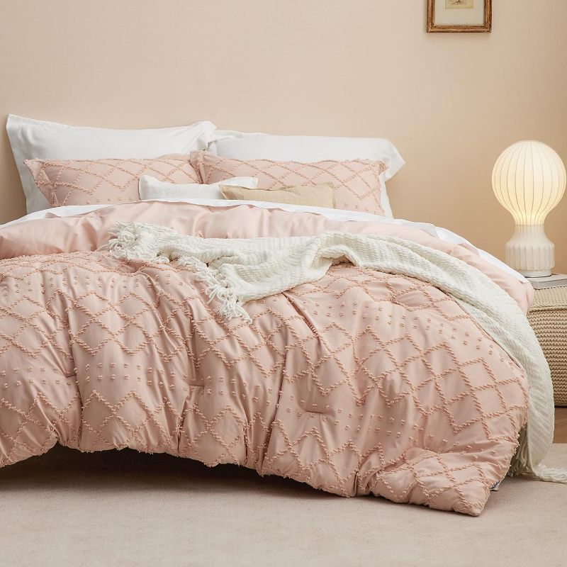 Photo 1 of Bedsure Boho Comforter Set King - PINK Tufted Shabby Chic Bedding Comforter Set for All Seasons, 3 Pieces Western Bed Set Farmhouse Modern Embroidery Bed Set for Women Men Girls King PINK