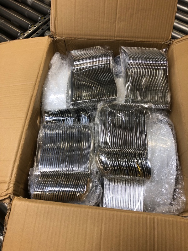 Photo 1 of 700 Piece Silver Dinnerware Set - 200 Silver Rim Plastic Plates - 300 Silver Plastic Silverware - 100 Silver Plastic Cups - 100 Linen Like Silver