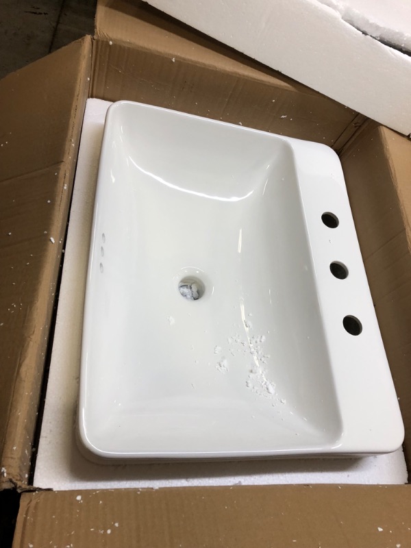 Photo 2 of Aquaterior 23" x 18" Rectangle Drop In Bathroom Sink White Ceramic Above Counter Semi Recessed Vessel Sink with Widespread Faucet Holes,Drain 23x18 in White