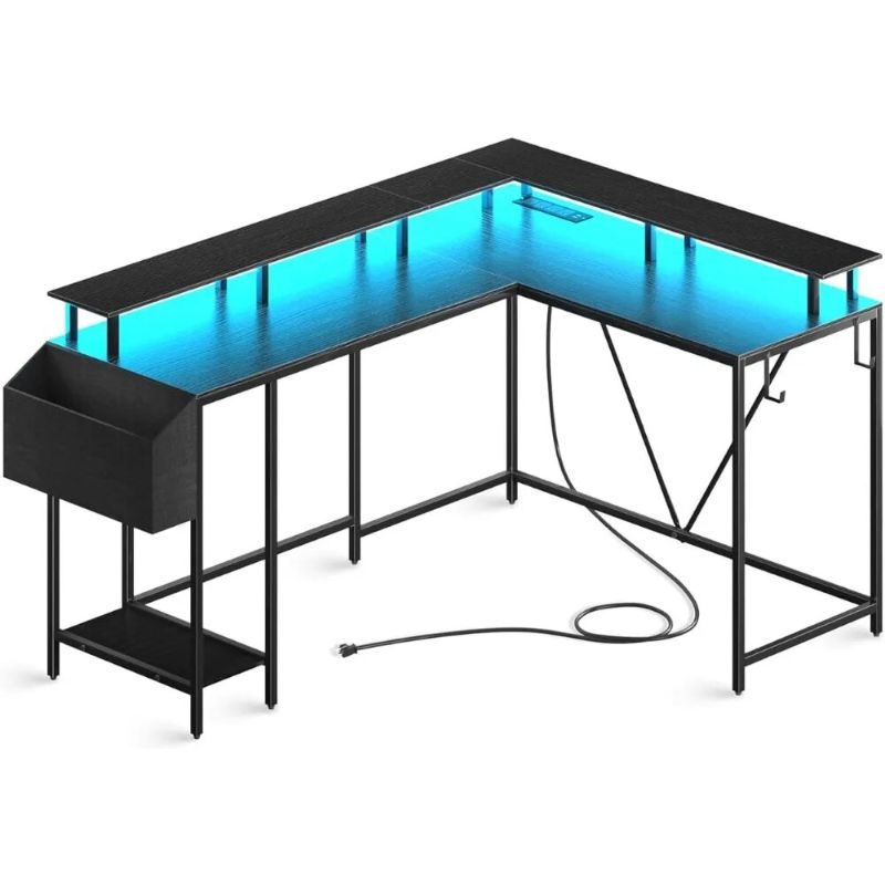 Photo 1 of Eivanet L Shaped Gaming Desk, Suporte Monitor De Computador, Prateleira De Armazenamento, Ganchos, Tomadas De Energia, Luzes LED, Fácil de Montar
