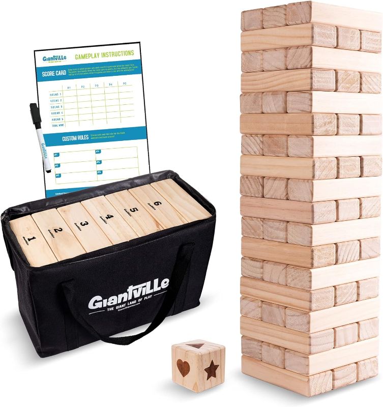 Photo 1 of Giantville Giant Tumbling Timber Toy - Premium Pine Wood Life-Size Blocks Tower - Big Floor/Board Indoor/Outdoor Yard Game for Kids & Adults - 54-Pieces + Dice + Carry Bag - Grows to Almost 4-Feet
