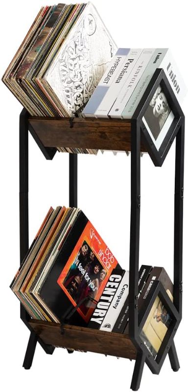 Photo 1 of Hadulcet Vinyl Record Holder, LP Storage Shelf, Record Storage Rack for Albums, Magazine Display, Book and Files Organizer, 2 Tier Vinyl Record Stand with 2 Dividers, Rustic Brown
