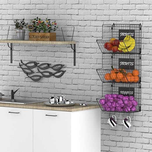 Photo 1 of 3-Tier Wall Mounted Hanging Wire Baskets with Hanging S-Hooks Chalkboards