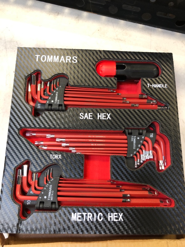 Photo 1 of TOMMARS Hex Key Set Magnetic Ball End S2 Steel With T-Handle Hex Key Allen Wrench Set SAE(1/16"-3/8") Metric(1.5mm-10mm) TORX(T10-T50)