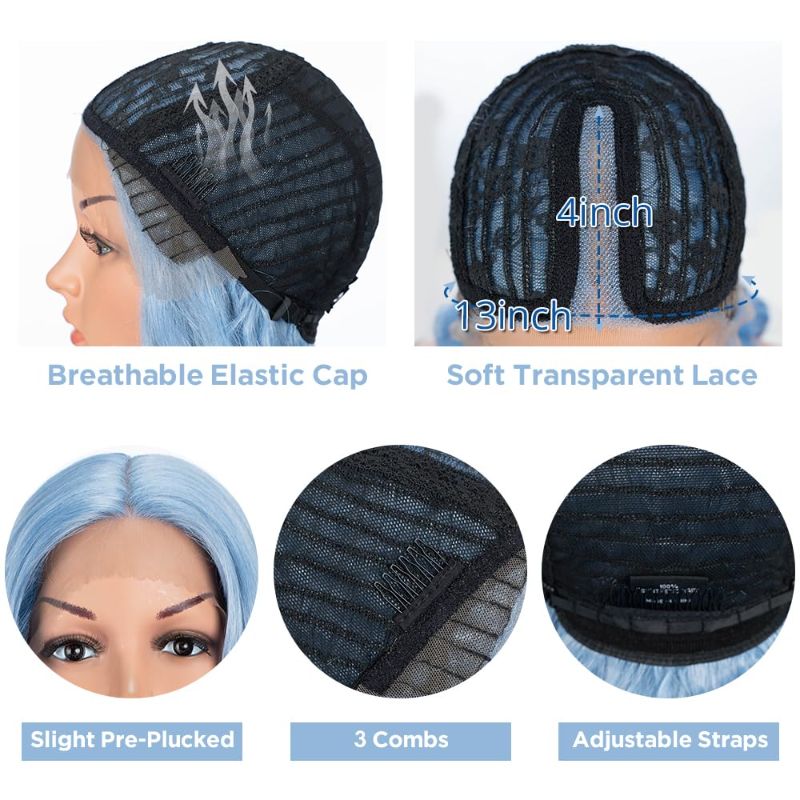 Photo 2 of DÉBUT Long Wavy Lace Front Wigs Body Wave Blue Wig Natural Curls Synthetic Wig Hand Tied Middle Part Lace Front with Preplucked Hairline High Temperature..