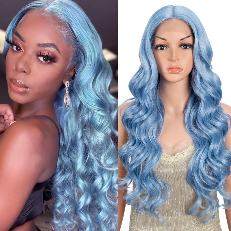 Photo 1 of DÉBUT Long Wavy Lace Front Wigs Body Wave Blue Wig Natural Curls Synthetic Wig Hand Tied Middle Part Lace Front with Preplucked Hairline High Temperature..