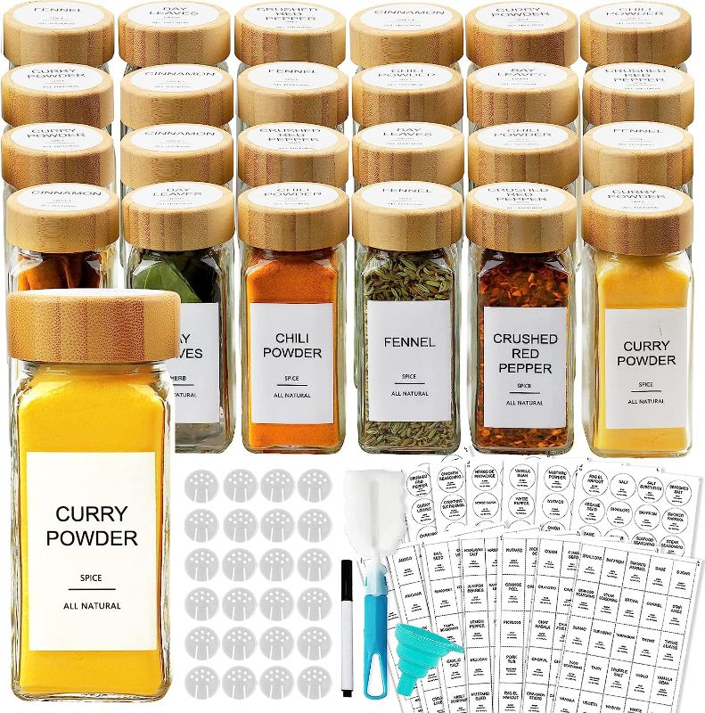 Photo 1 of 24 Pcs Glass Spice Jars with Bamboo Airtight Lids and 398 Labels, 4oz Empty Square Containers Seasoning Storage Bottles - Shaker Lids, Funnel,...