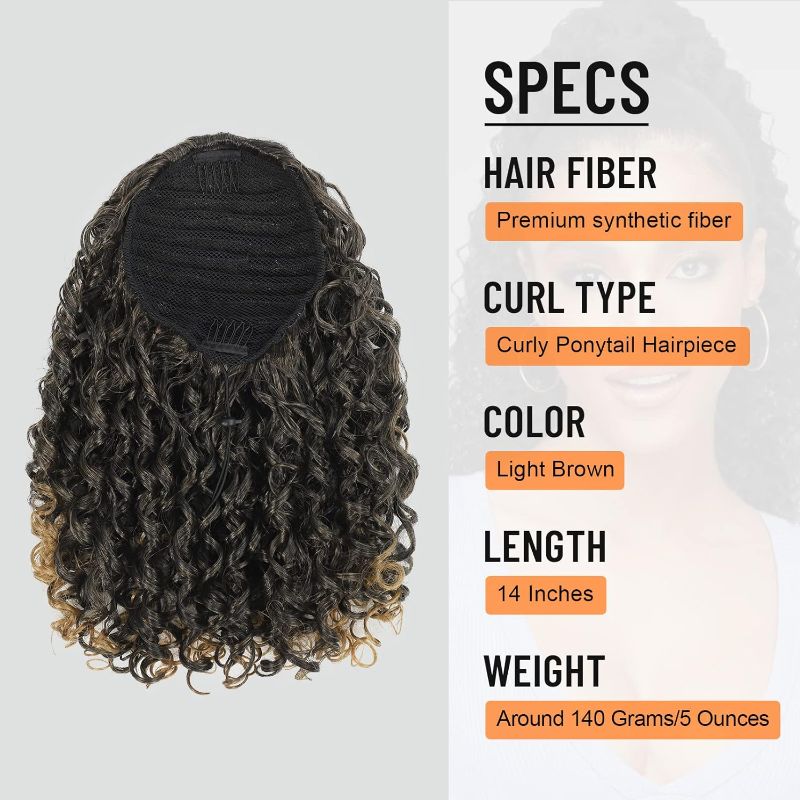 Photo 2 of Brikabia Drawstring Ponytail Extension, 14" Kinky Curly Drawstring Ponytail Extension for Black Women Hairpiece Synthetic Fake Afro Drawstring Ponytail for Black Women - Light Brown