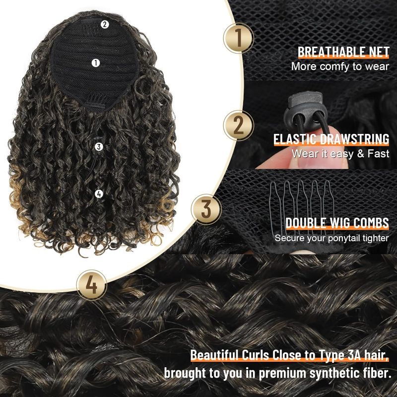 Photo 2 of Brikabia Drawstring Ponytail Extension, 14" Kinky Curly Drawstring Ponytail Extension for Black Women Hairpiece Synthetic Fake Afro Drawstring Ponytail for Black Women - Light Brown