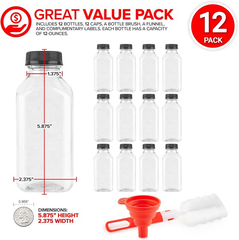 Photo 2 of 12 oz Juice Bottles with Caps for Juicing (12 pack) - Reusable Clear Empty Plastic Water Bottles - Drink Containers for Mini Fridge, Juicer Shots Includes Labels, Brush & Funnel