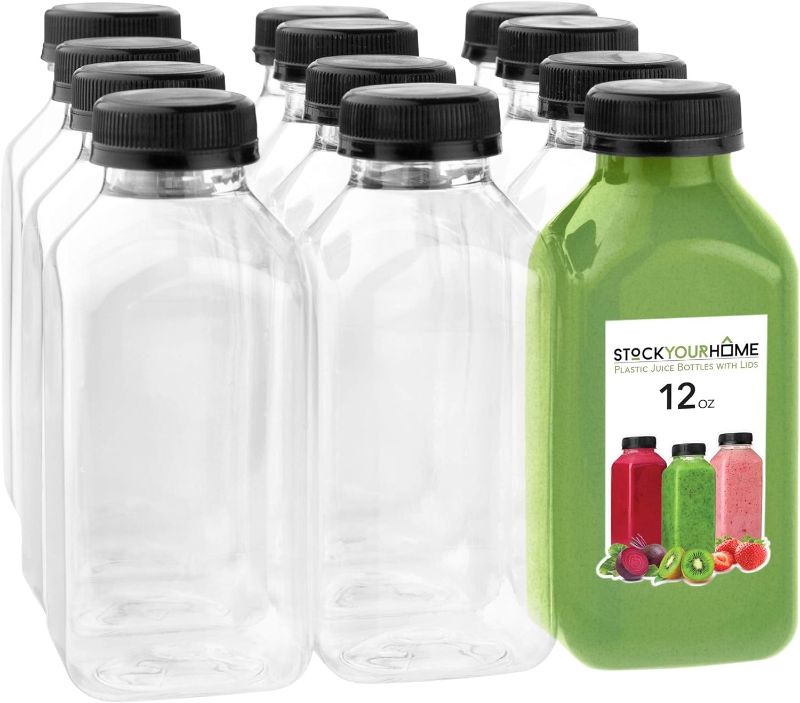 Photo 1 of 12 oz Juice Bottles with Caps for Juicing (12 pack) - Reusable Clear Empty Plastic Water Bottles - Drink Containers for Mini Fridge, Juicer Shots Includes Labels, Brush & Funnel