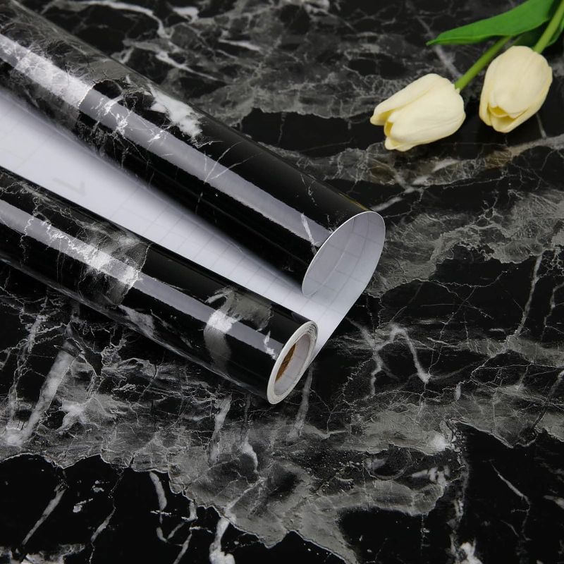 Photo 2 of Abyssaly Black Marble Paper 11.8in×78.7in Peel and Stick Wallpaper Decorative Marble Paper Sticker for Kitchen Countertops Furniture Cabinet