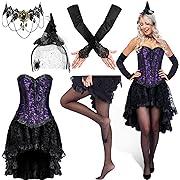 Photo 1 of 5X-Panitay 5 Pcs Halloween Steampunk Costume for Women Renaissance Corset Skirt Witch Hat Gothic Necklace Gloves Stocking 5XL(Purple)