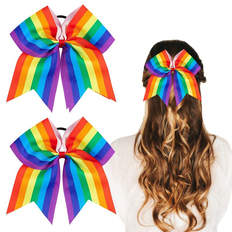 Photo 1 of 2 PCS Rainbow Hair Ribbon for Girl Women Kid Children, Rainbow Bow Elastic Hair Ties LGBT Pride Day Hairband Pride Parade Stretchy Hair Ropes Hair Loop Ponytail Holders for Most Hair