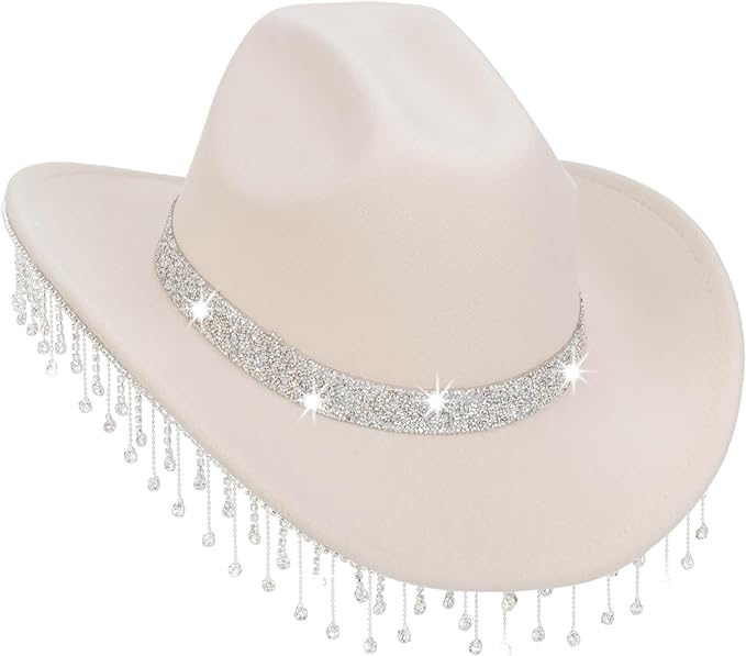 Photo 1 of beige izus rhinestone fringe felt cowgirl hat diamond tape crown western cowboy hat bachelorette party bride disco costume