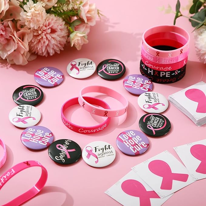 Photo 1 of 180 Pcs Breast Cancer Awareness Accessories, Breast Cancer Bracelets Silicone Wristbands Pink Ribbon Button Pins and Stickers for Hope Faith Strength Courage Gift Event Survivor Charity Party Supply*******Factory Sealed
