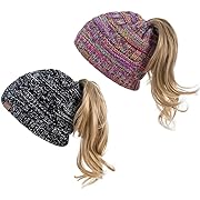 Photo 1 of Alepo Womens High Messy Bun Beanie Hat with Ponytail Hole, Winter Warm Trendy Knit Ski Skull Cap (Black White&Rainbow)
