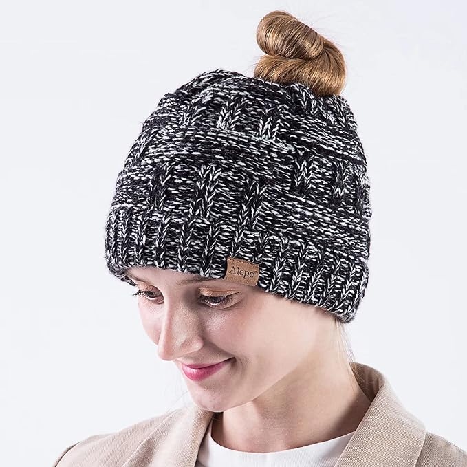 Photo 1 of Alepo Womens High Messy Bun Beanie Hat with Ponytail Hole, Winter Warm Trendy Knit Ski Skull Cap (Black White&Rainbow)