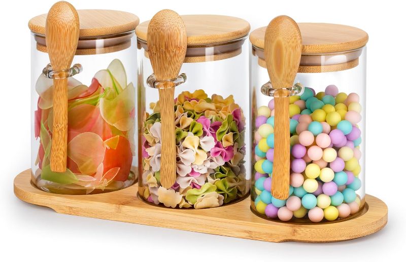 Photo 1 of 3-pack 18oz Airtight Glass Storage Canister with Wood Lid Spoon and Tray, Food Glass Jars ,Overnight Oats Containers with Lids,Decorative Kitchen Jars for Coffee Tea Sugar Spice,Salt Containers
